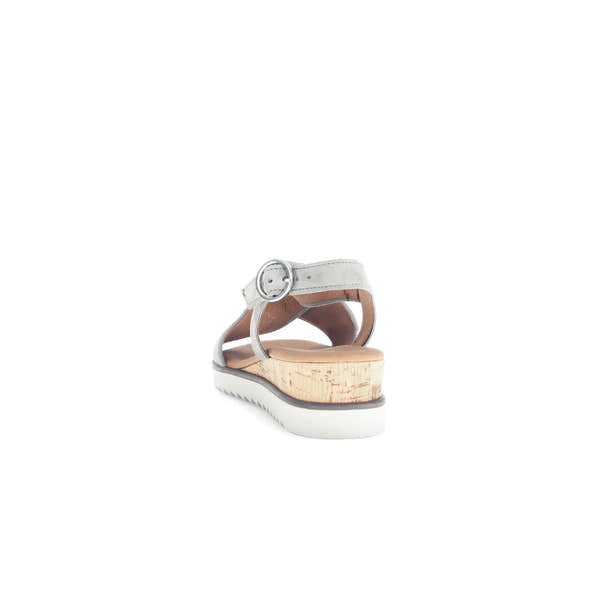 Gabor 82.751.11 grey leather buckle sandal with cork wedge heel and white sole, women's open-toe summer footwear.