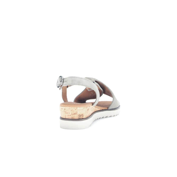 Gabor 82.751.11 grey leather buckle sandals with cork wedge heel and white sole.