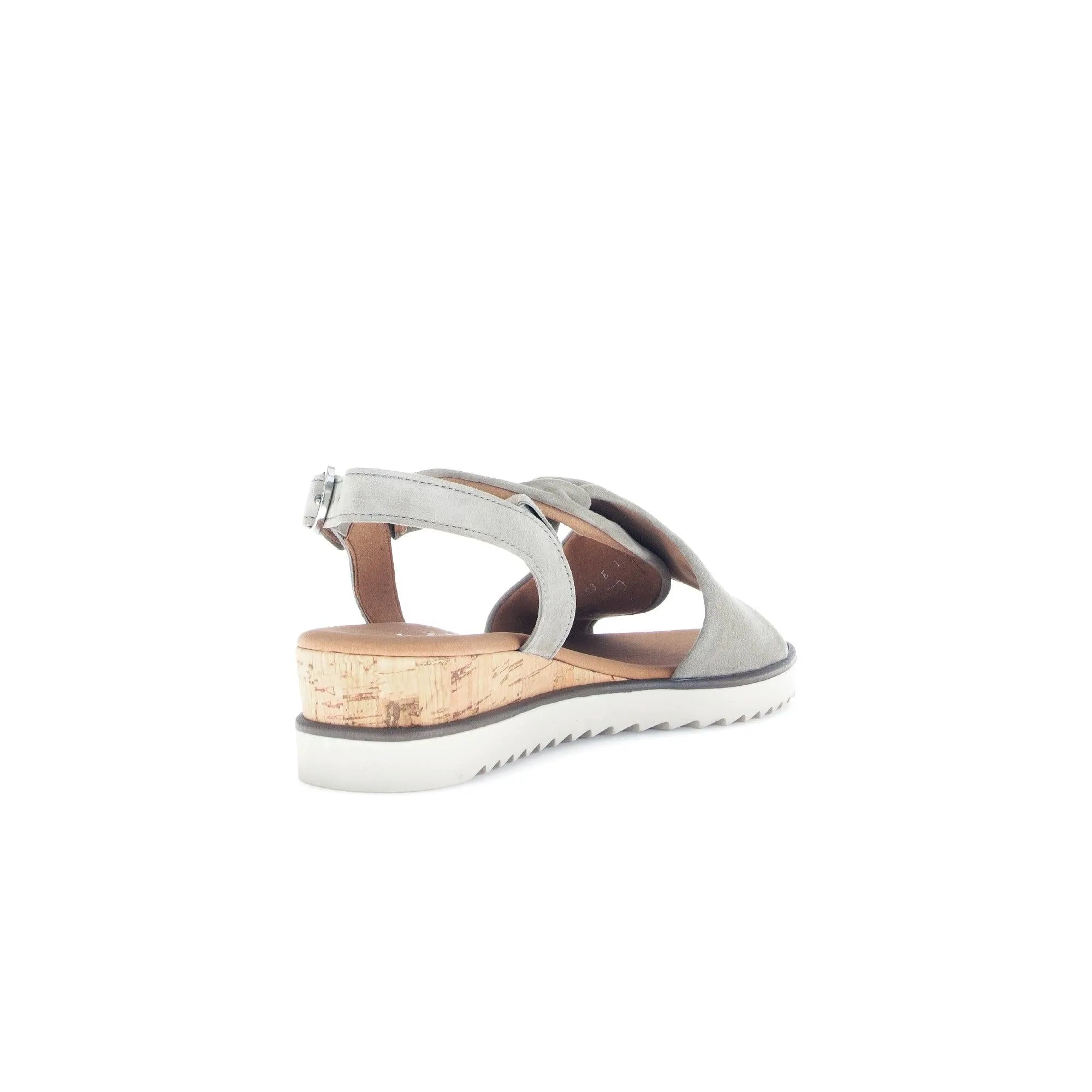 Gabor Rich Ladies Grey Leather Buckle Wedge Sandals with cork heel and white sole.