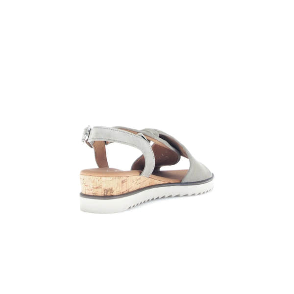 Gabor Rich Ladies Grey Leather Buckle Wedge Sandals with cork heel and white sole.