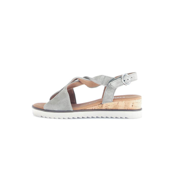 Gabor 82.751.11 Rich Ladies Grey Leather Buckle Sandals with cork wedge sole and adjustable ankle strap.