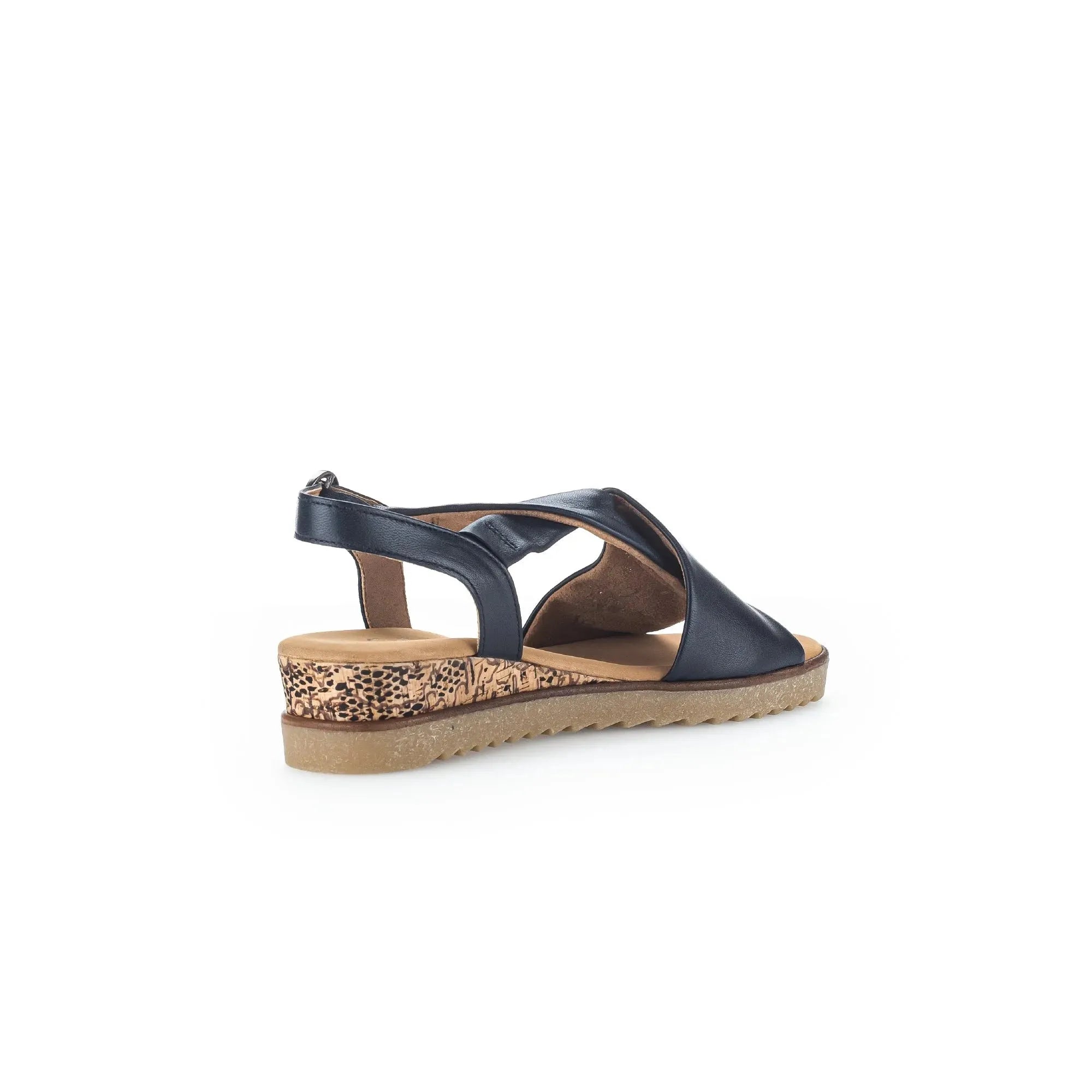 Gabor rich ladies midnight leather buckle sandals with cork detail and cushioned sole.