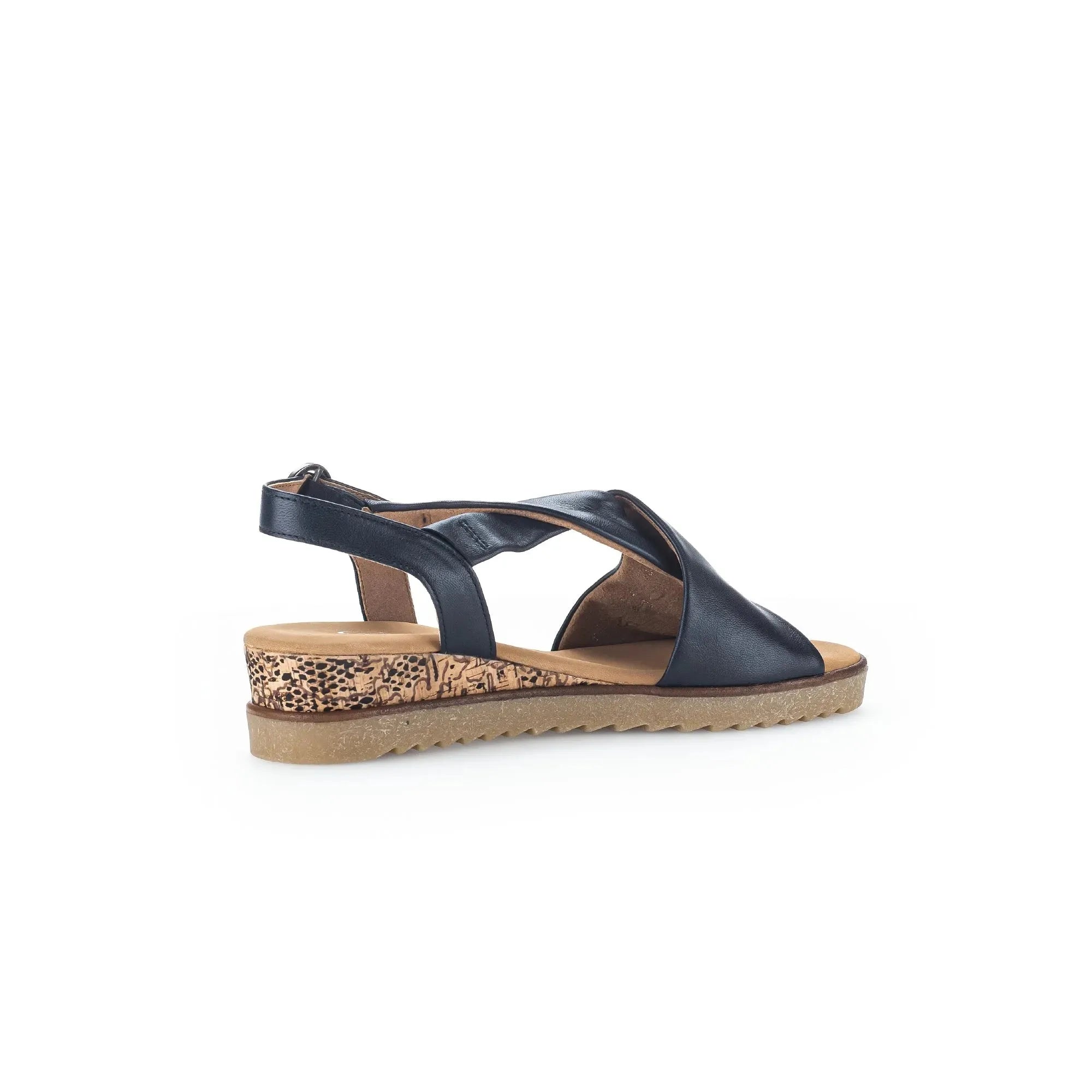 Gabor 82.751.26 women's leather buckle sandal with midnight blue straps, cushioned footbed, and textured wedge heel.