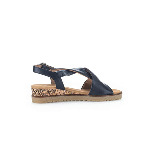 Gabor women's leather buckle sandals with black straps, cork wedge heel, and trendy mid-height sole.