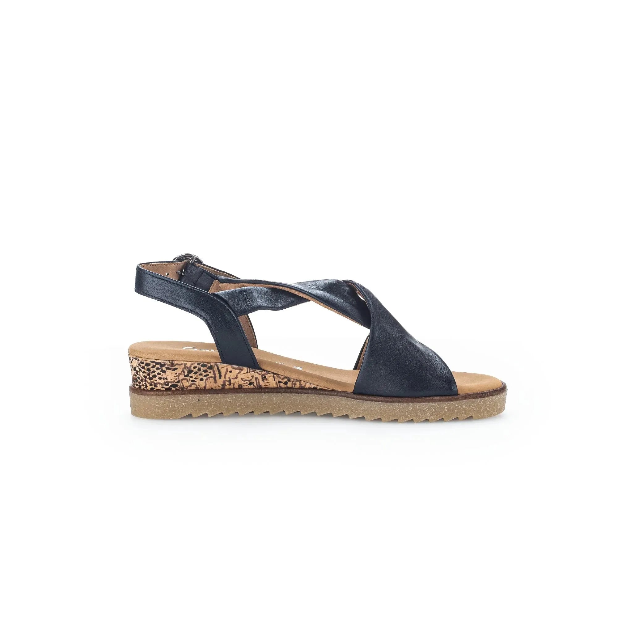Gabor 82.751.26 women's midnight leather buckle sandal with cork-printed wedge and rugged sole.