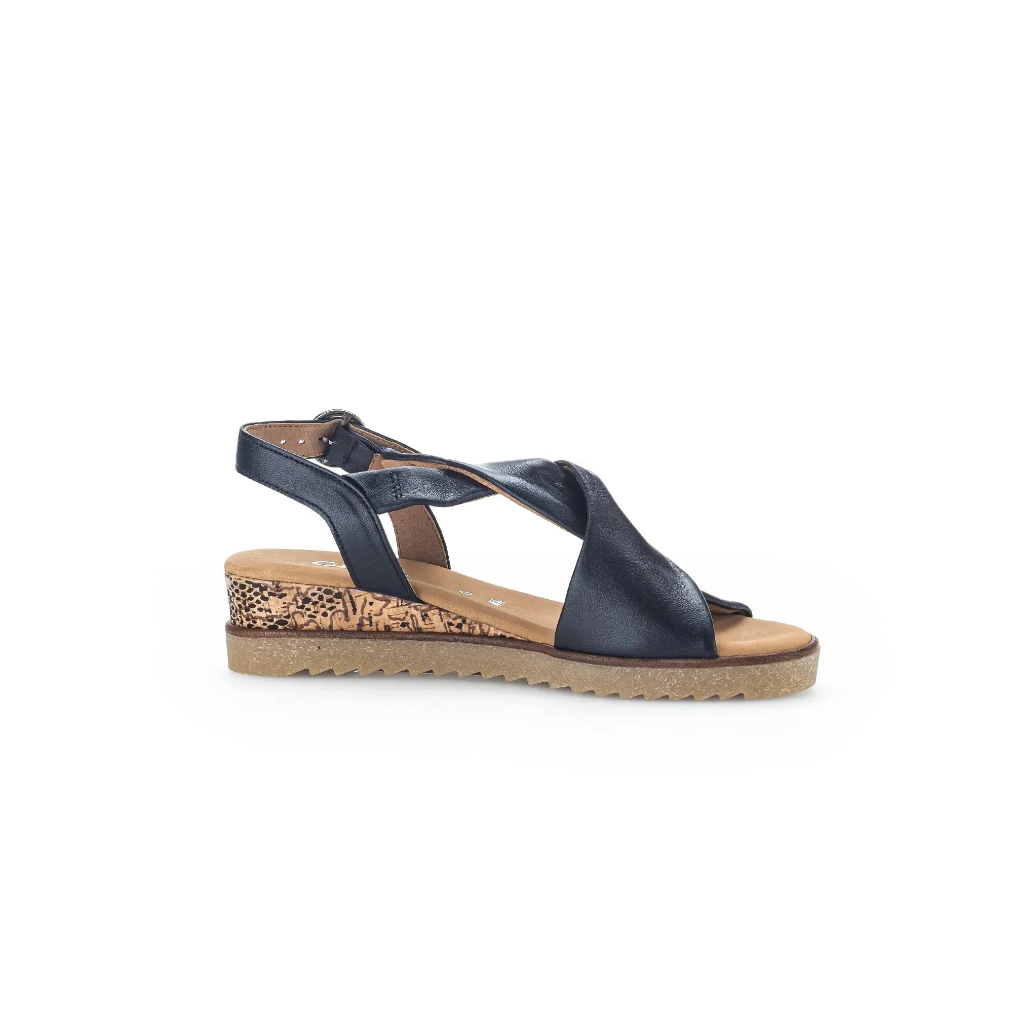 Gabor Ladies Midnight Leather Buckle Sandals with cork heel and textured platform, open-toe design, ankle strap.