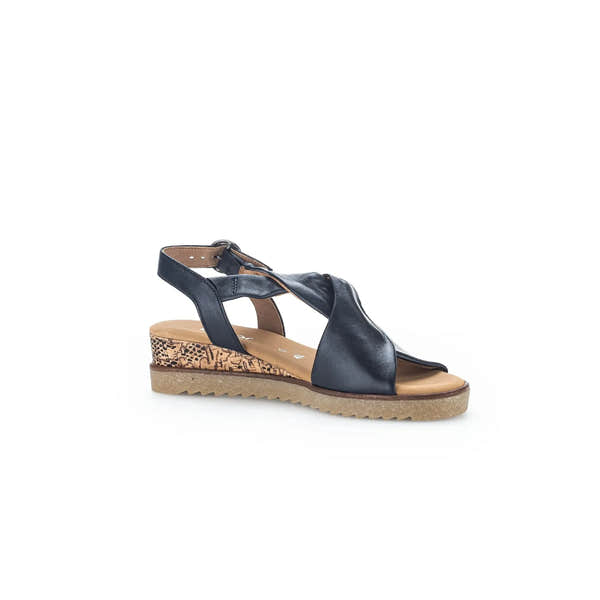 Gabor 82.751.26 women's leather buckle sandals with black straps, terracotta footbed, and a cork-and-rubber wedge sole.