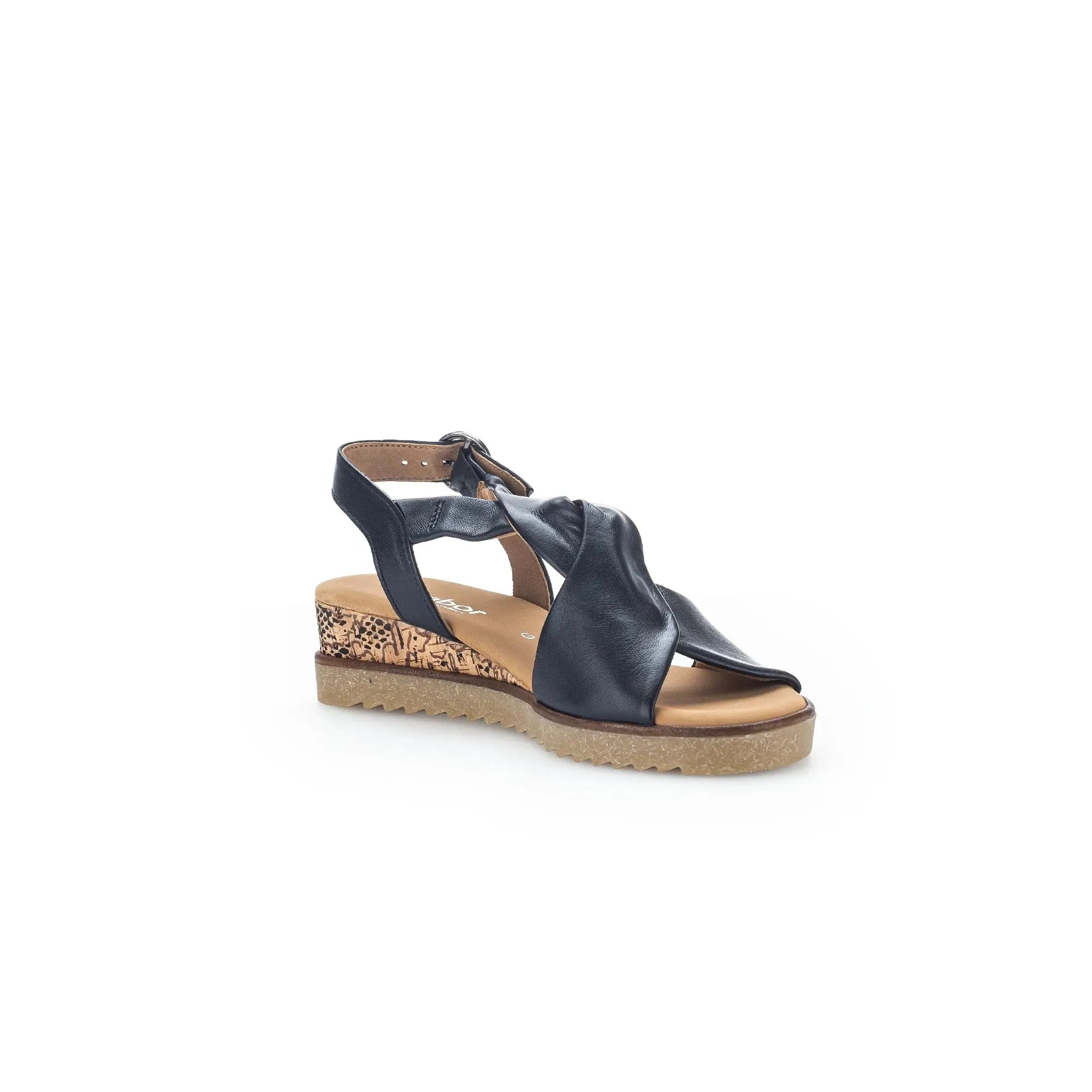 Gabor 82.751.26 women's black leather lace-up wedge sandals with buckle, cork heel, and textured sole.