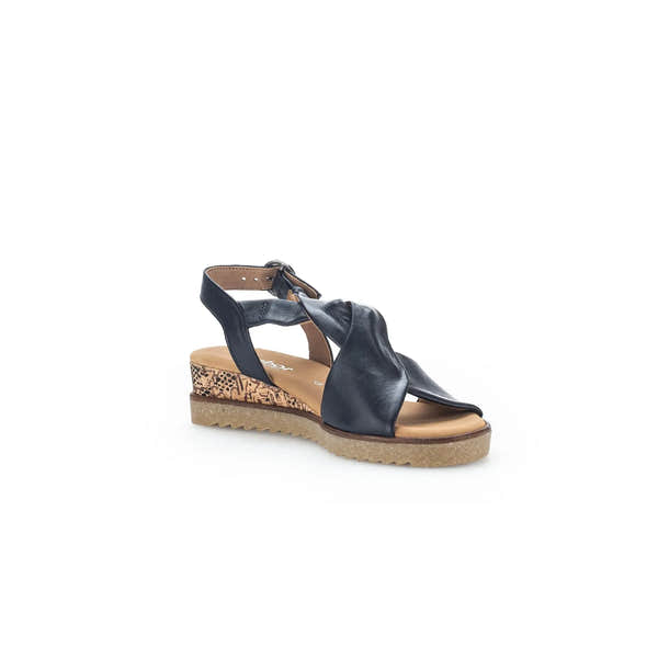 Gabor 82.751.26 women's black leather lace-up wedge sandals with buckle, cork heel, and textured sole.