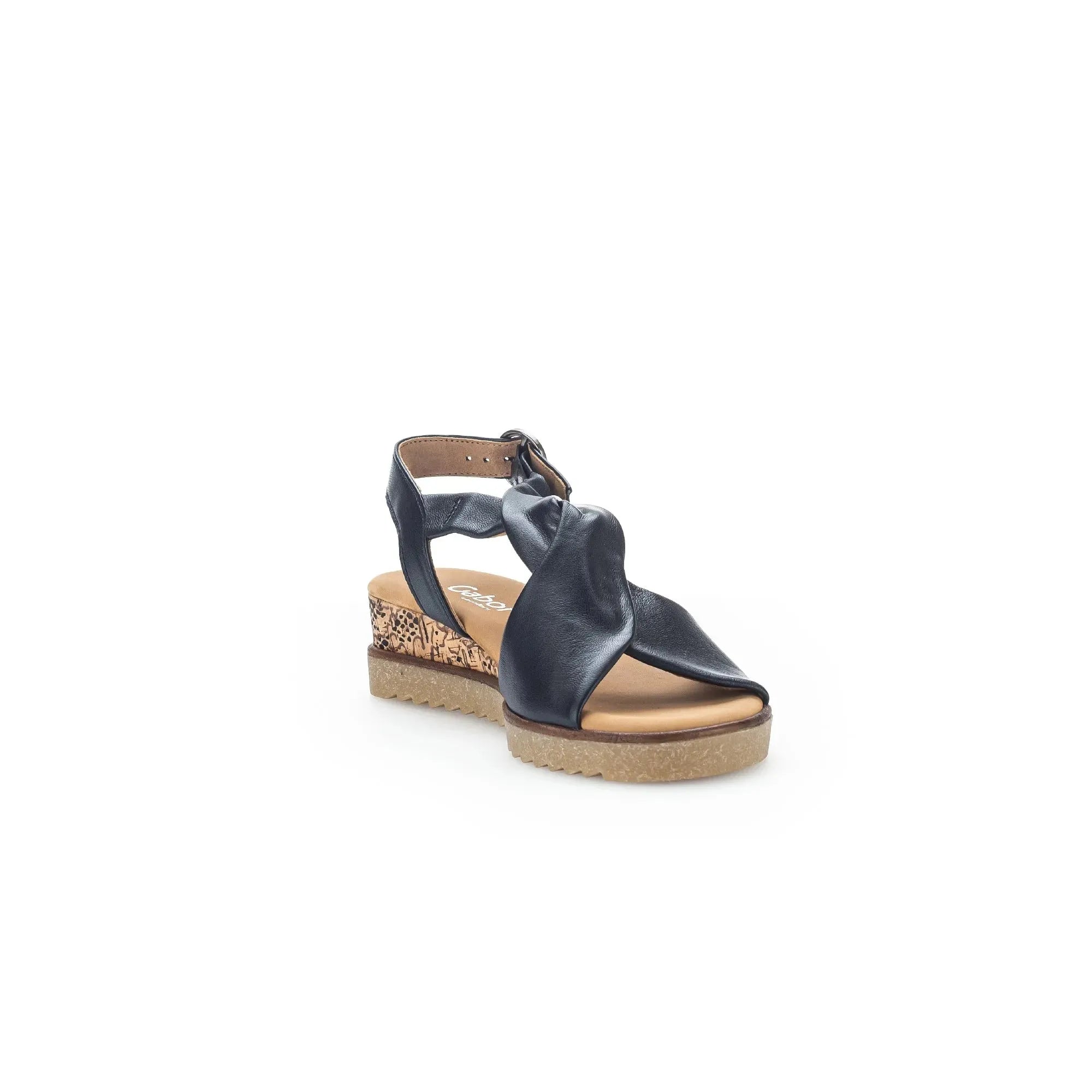 Gabor women's black leather wedge sandals with buckles, mid-height heel, and textured sole, inching stylish comfort.
