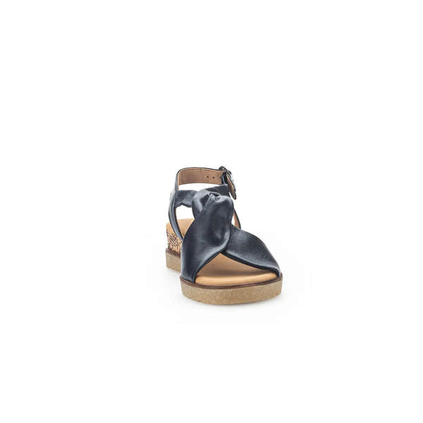 Gabor 82.751.26 women's midnight leather buckle sandal with a chunky wedge heel and leopard-print accent.