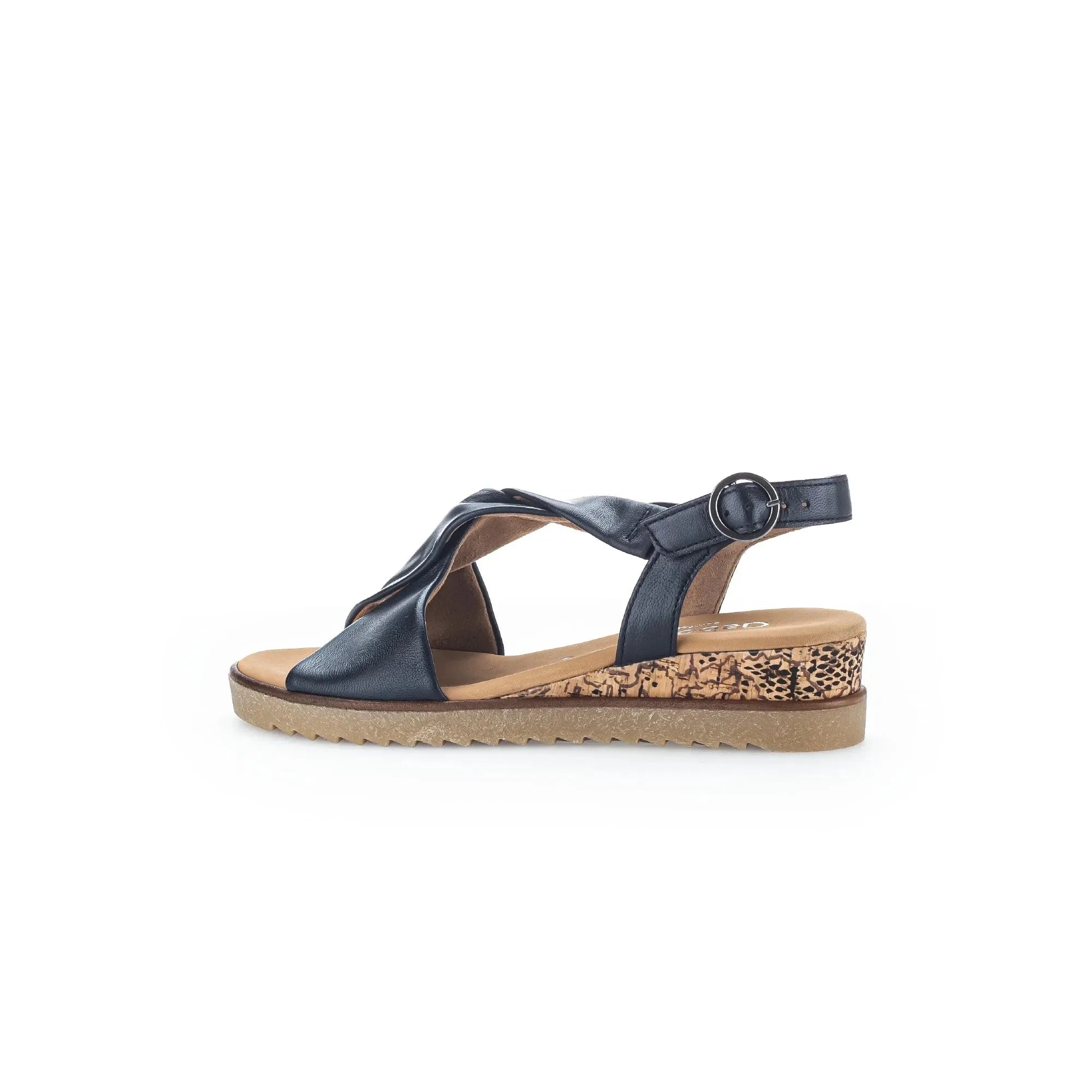 Gabor Rich Ladies Midnight Leather Buckle Sandals with cork-printed wedge sole, ankle strap, and open toe design.