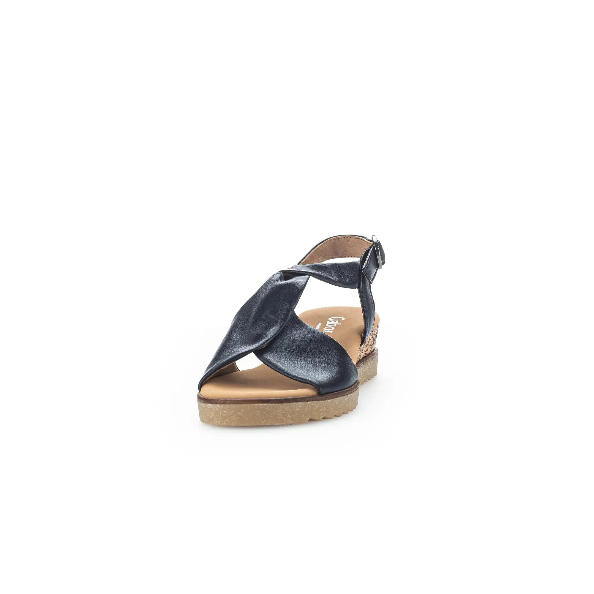 Gabor 82.751.26 black leather women’s buckle sandals with a cork wedge heel and T-strap design.