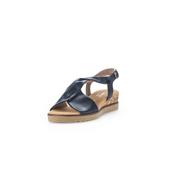 Gabor 82.751.26 women's midnight black leather buckle sandals with cork wedge heel and textured platform sole.