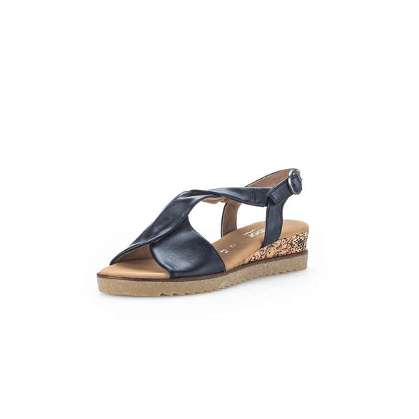 Gabor 82.751.26 women's black leather buckle sandal with cork wedge heel and sporty outsole, stylish and comfortable for summer.