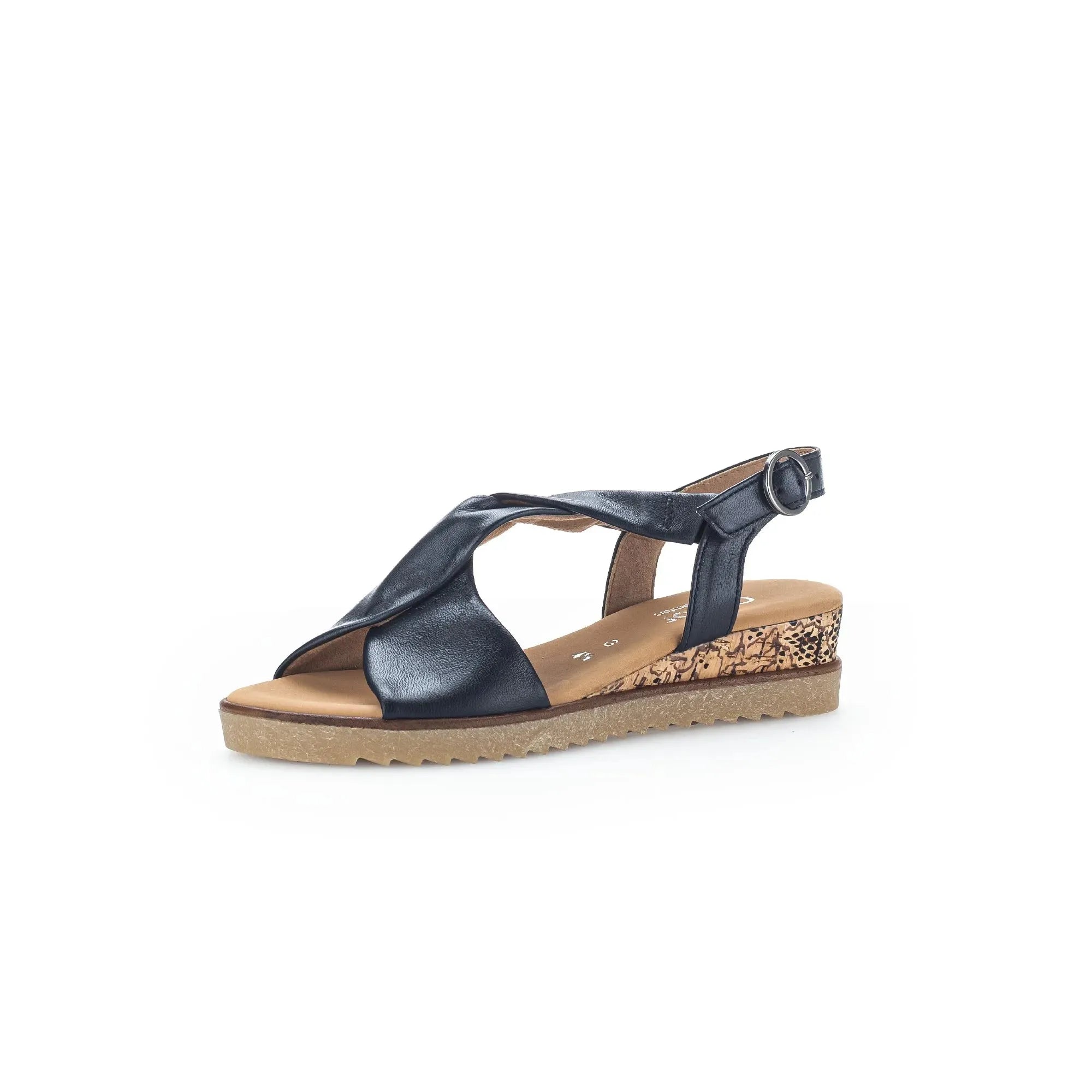Gabor Rich Ladies Midnight Leather Buckle Sandals with cork heel and decorative side pattern, stylish open-toe design.