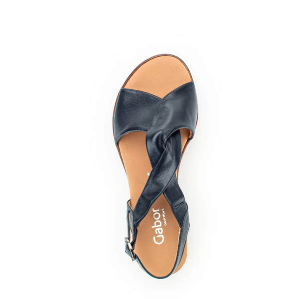 Gabor 82.751.26 black leather buckle sandals for women with twisted strap design and tan footbed.