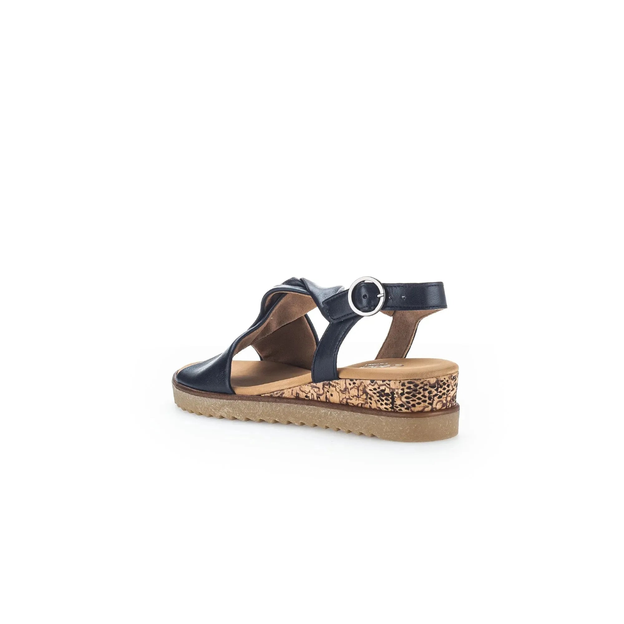 Gabor 82.751.26 Rich Ladies Midnight Leather Buckle Sandals with cork and leopard print platform sole.
