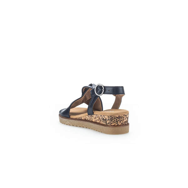 Gabor 82.751.26 women's midnight leather buckle sandals with leopard-print wedge sole and ankle strap.