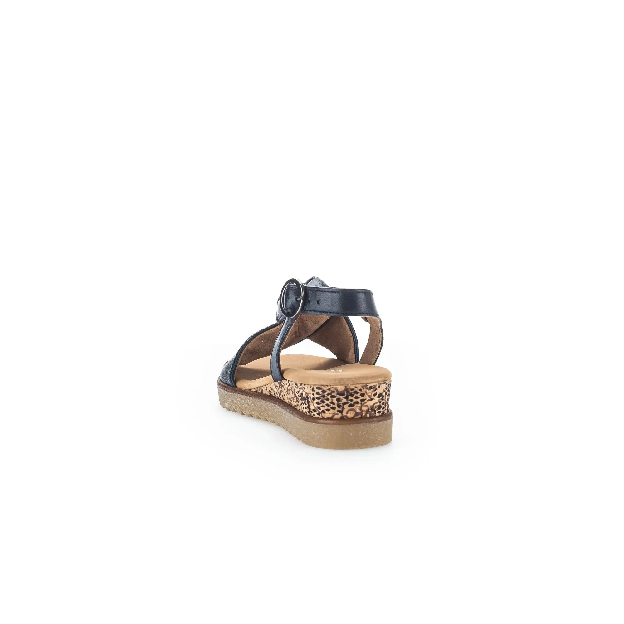 Gabor 82.751.26 women's leather buckle sandal with midnight blue straps and leopard print platform heel.