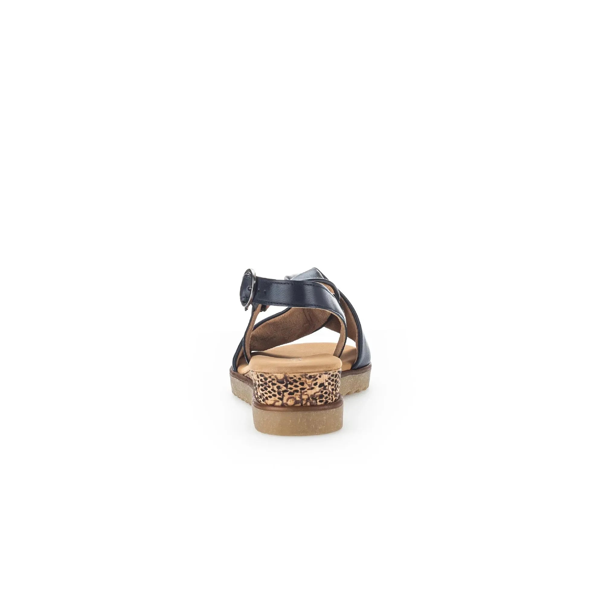 Gabor 82.751.26 women's leather buckle sandals with animal print heel, navy straps, and cushioned sole.