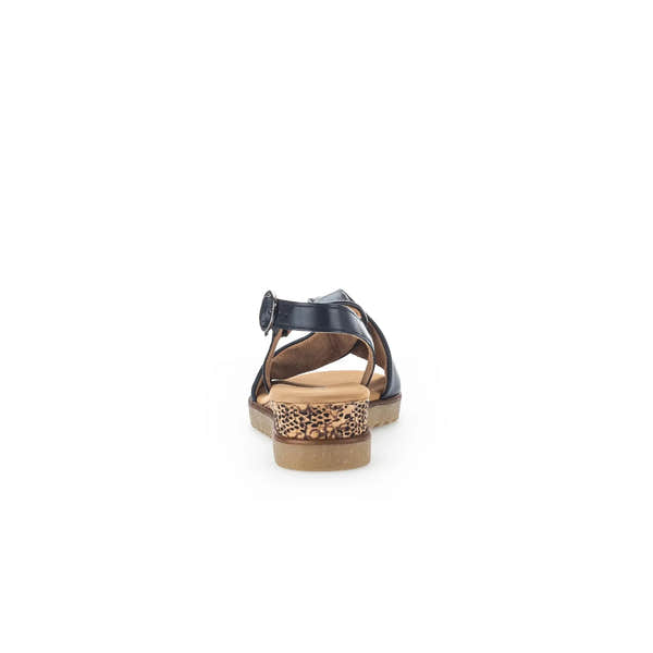 Gabor 82.751.26 women's leather buckle sandals with animal print heel, navy straps, and cushioned sole.