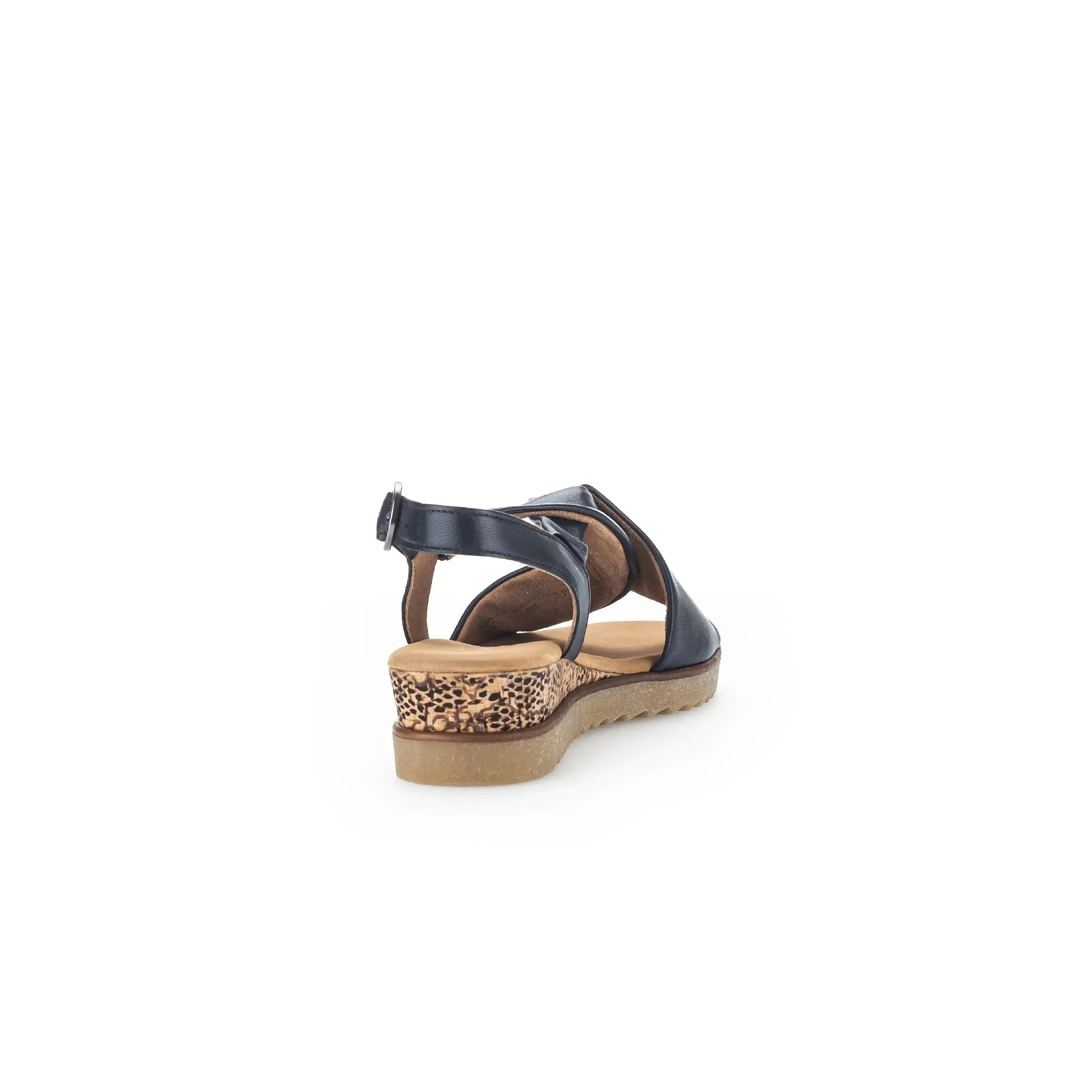 Gabor 82.751.26 Rich Ladies Midnight Leather Buckle Sandals with wedge heel and animal print platform on a white background.