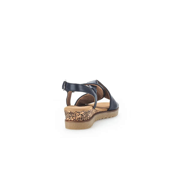 Gabor 82.751.26 Rich Ladies Midnight Leather Buckle Sandals with wedge heel and animal print platform on a white background.