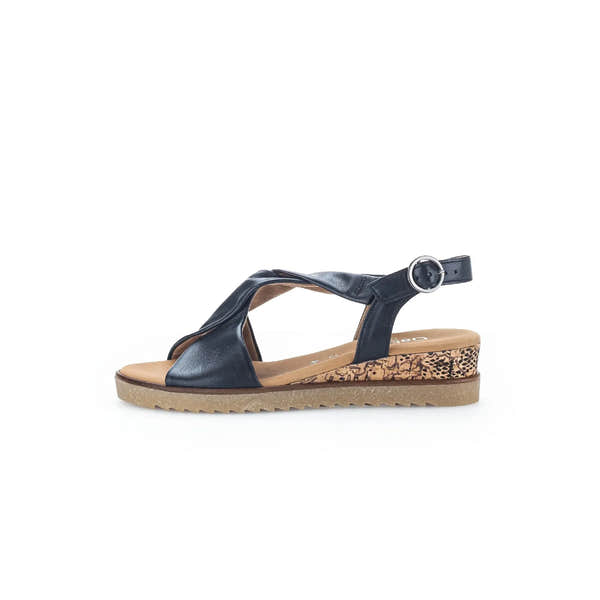 Gabor women's Midnight Leather Buckle Sandals, flat platform with black leather straps, cork-style sole, and adjustable ankle buckle.