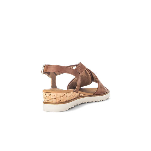 Gabor Rich Ladies Camel Leather Buckle Sandals with cork wedge heel and white rubber sole.