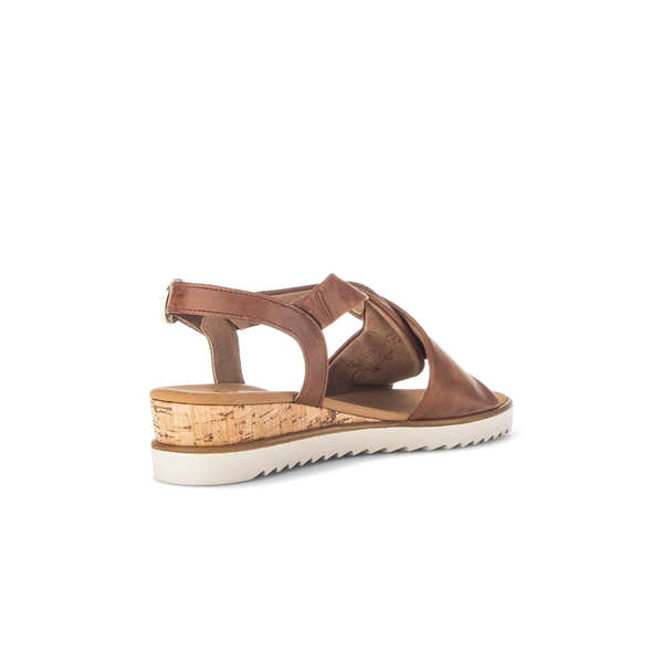 Gabor Rich Ladies Camel Leather Buckle Sandals with cork heel and white sole, stylish open-toe design.