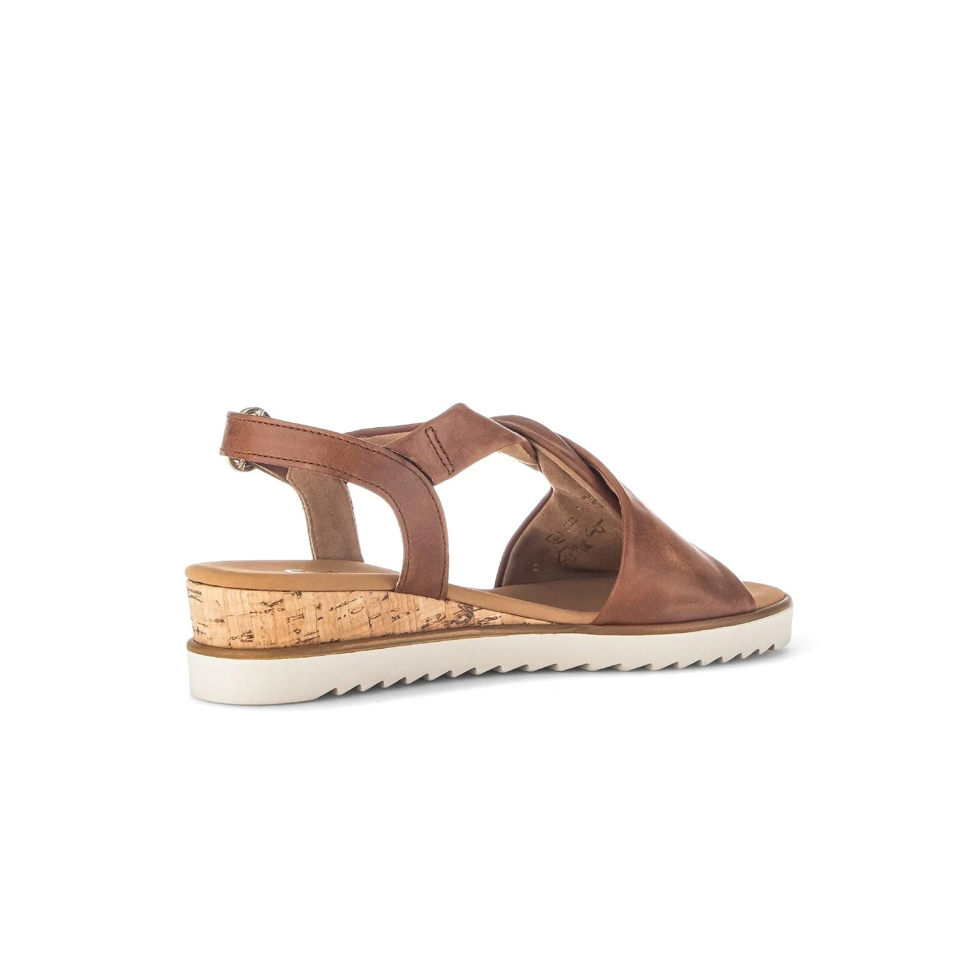 Gabor Rich Ladies Camel Leather Buckle Sandals with cork wedge heel and white rubber sole.