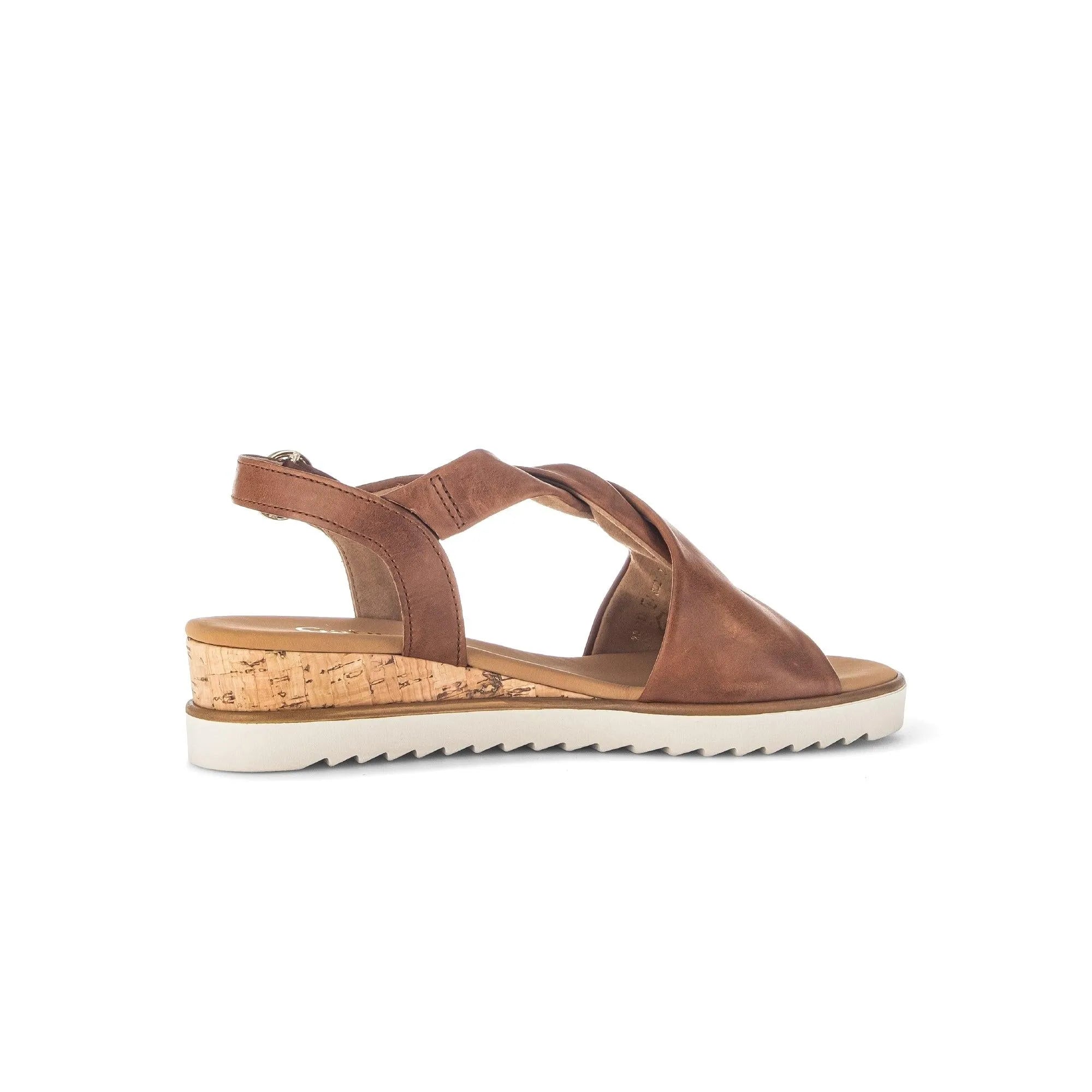 Gabor 82.751.53 Rich Ladies Camel Leather Buckle Sandals with cork wedge sole and adjustable strap.