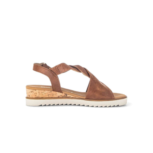 Gabor ladies' camel leather buckle sandals with cork wedge heel and white rubber sole.