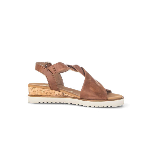 Gabor Rich Ladies Camel Leather Buckle Sandals with cork wedge heel and side strap detail.