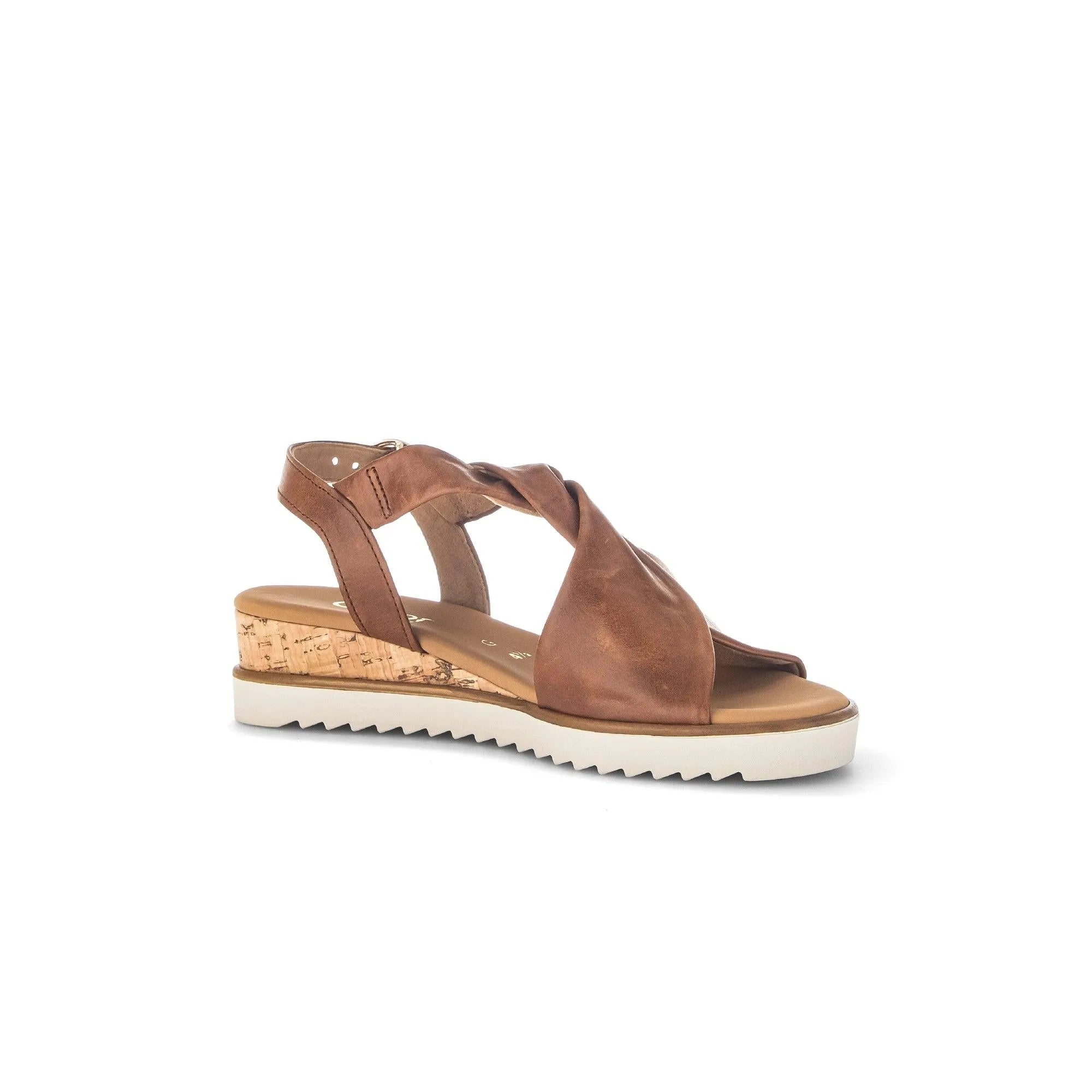 Gabor Rich Ladies Camel Leather Buckle Sandals with cork heel and white rubber sole.