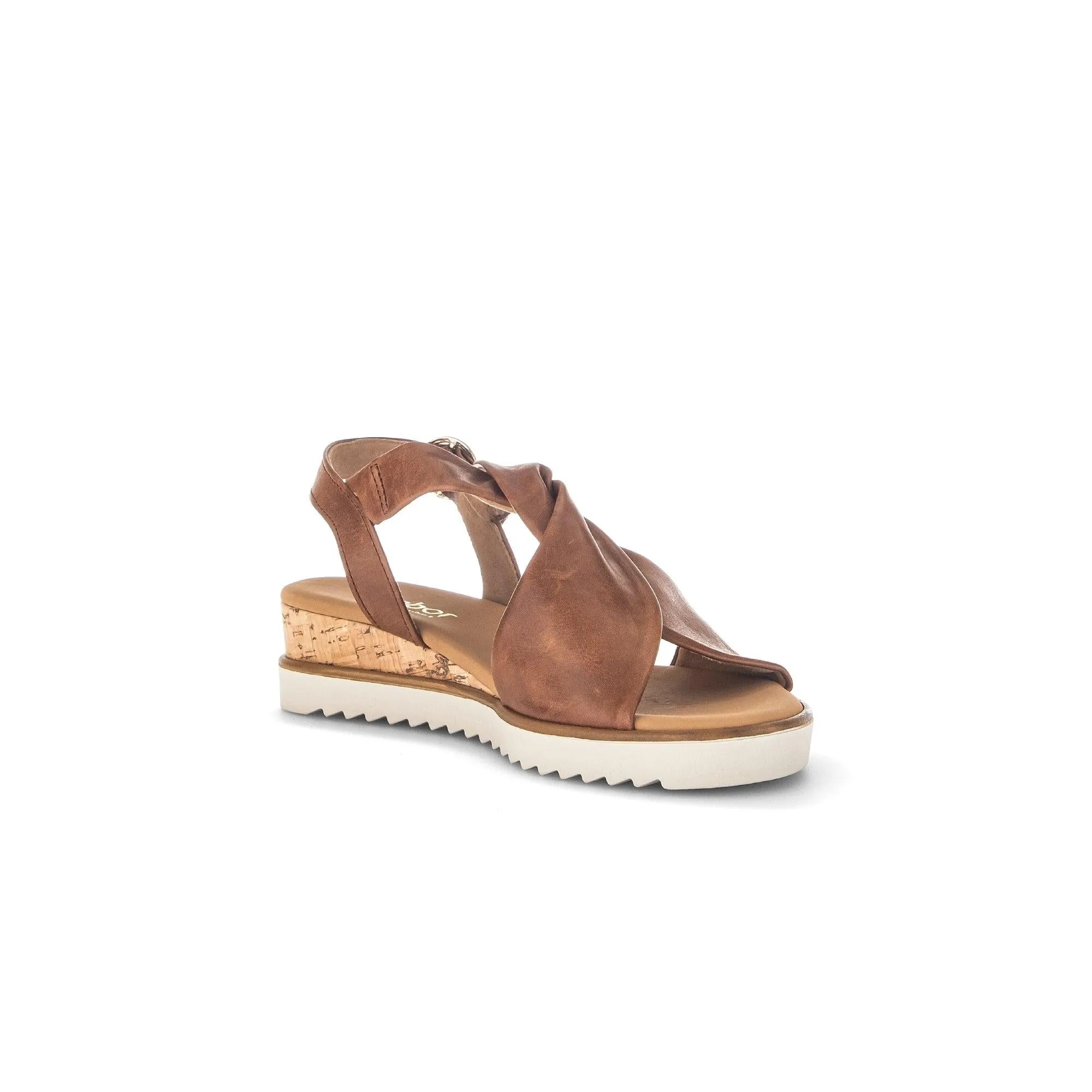 Gabor women's camel leather buckle sandal with cork heel and white ridged sole.