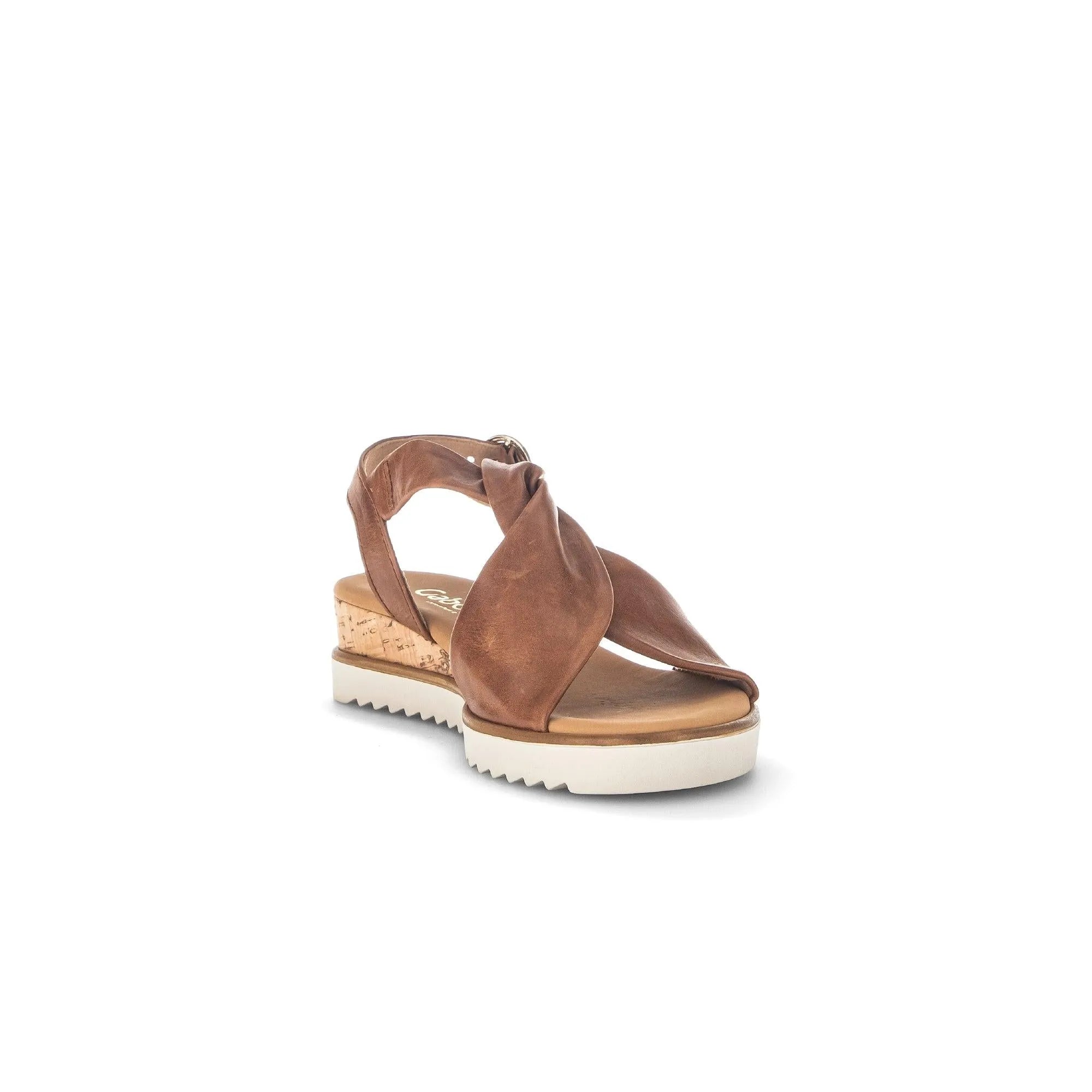 Gabor Rich Ladies Camel Leather Buckle Sandals with cork heel and white sole, stylish and comfortable summer footwear.