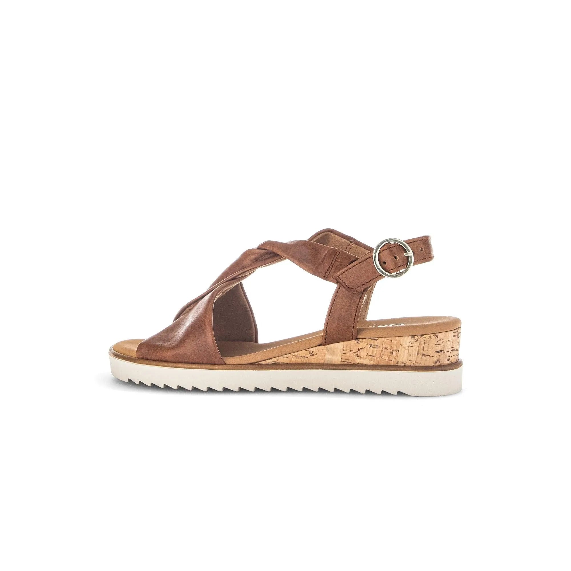 Gabor Ladies Camel Leather Buckle Sandals with cork wedge heel and white rubber outsole.