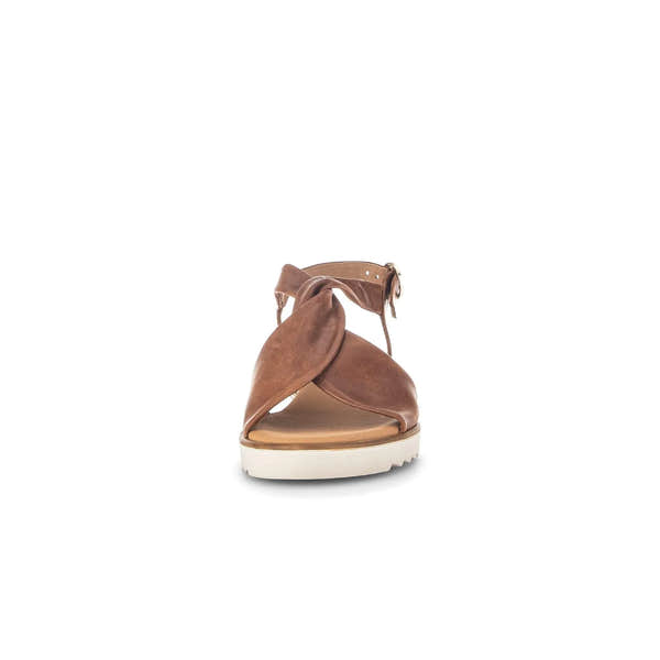 Gabor ladies' camel leather buckle sandal with twisted strap design and white sole.