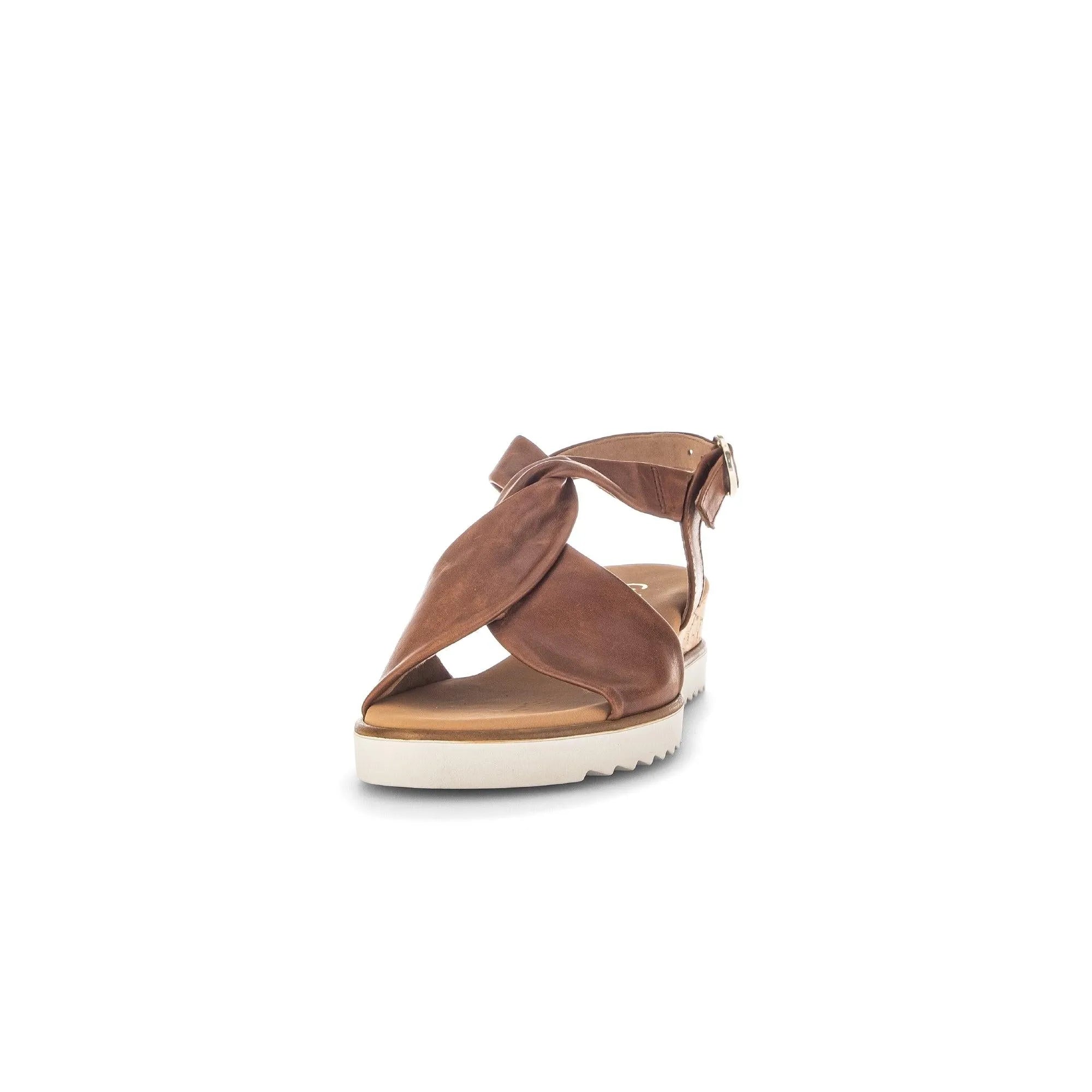 Gabor women's Camel leather buckle sandals with wide straps and white sole, stylish and comfortable summer footwear.