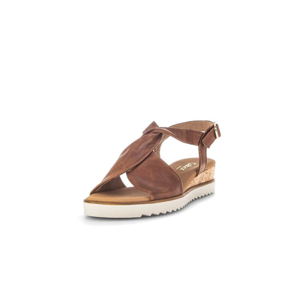 Gabor 82.751.53 rich ladies camel leather buckle sandals with crisscross straps and cork wedge heel.