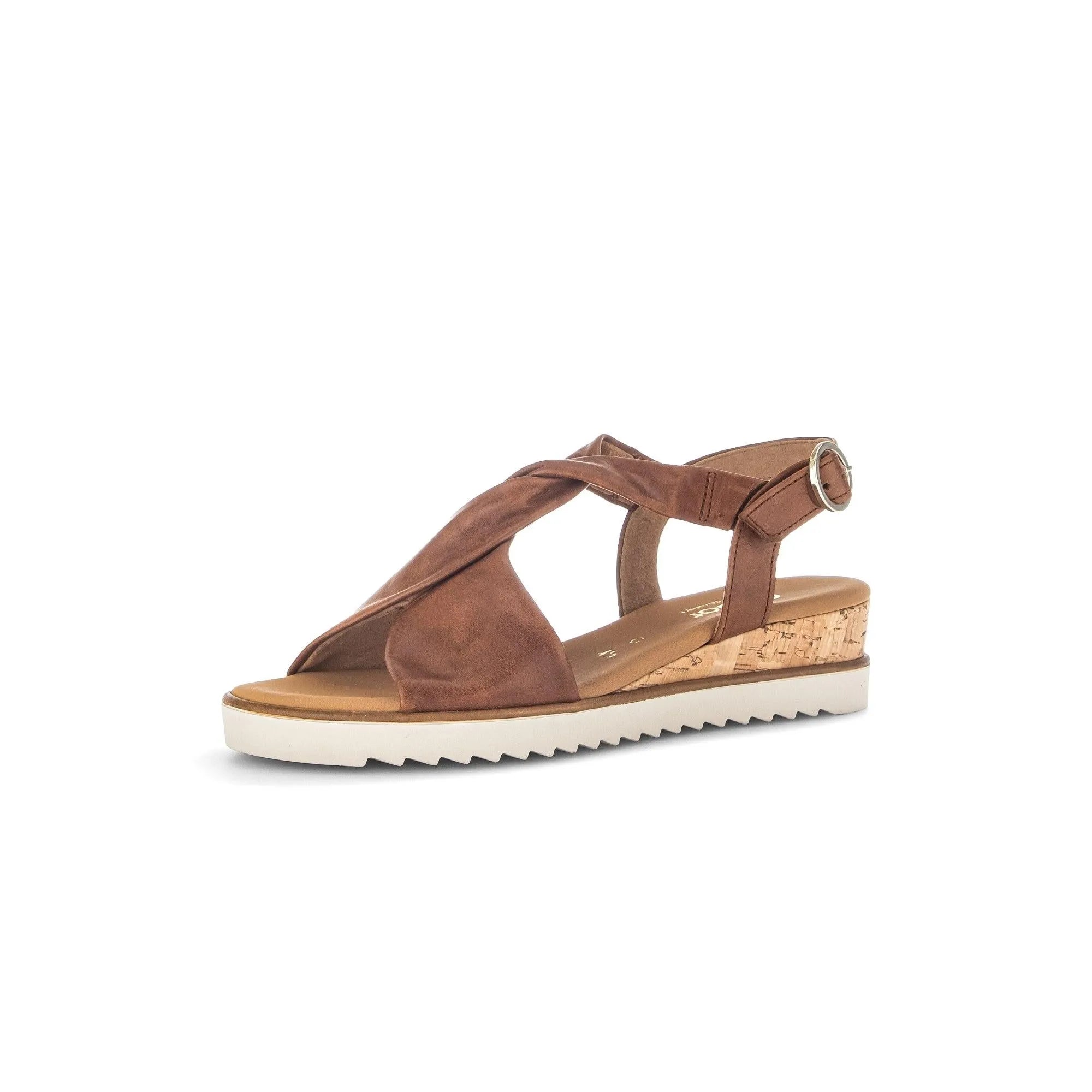 Gabor Rich Ladies Camel Leather Buckle Sandals with cork wedge and white sole, stylish summer footwear.
