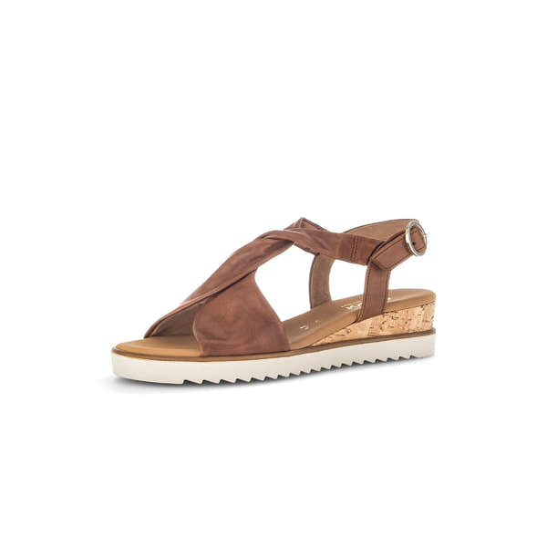 Gabor Rich Ladies Camel Leather Buckle Sandals with cork wedge and white sole, stylish summer footwear.