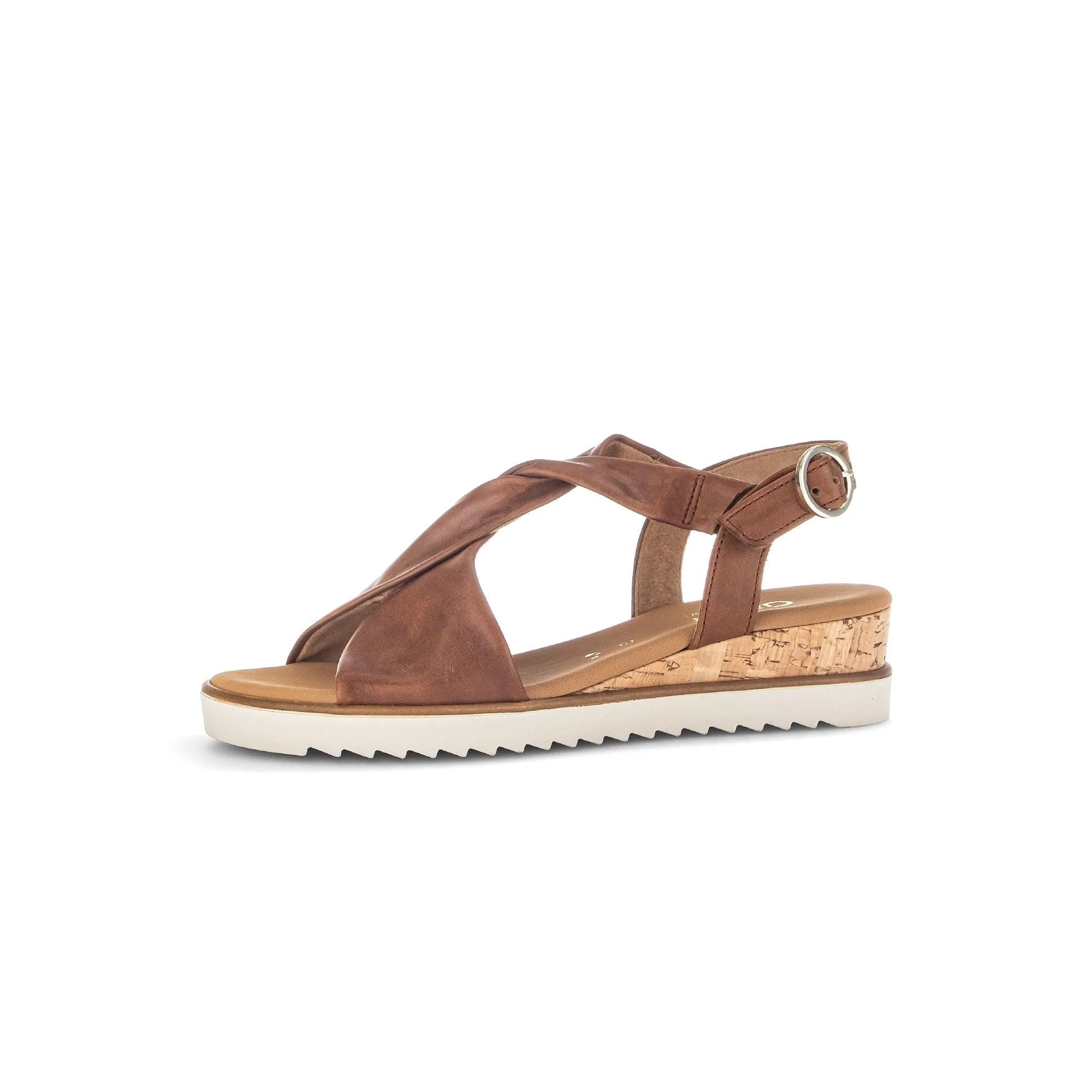 Gabor Rich Ladies Camel Leather Buckle Sandals with cork wedge and white rubber sole.