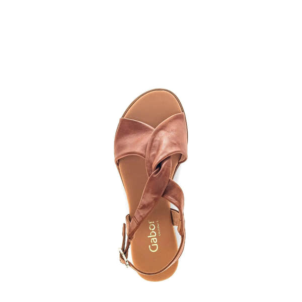 Gabor women's camel leather buckle sandals with twisted knot strap, open toe, and ankle strap.