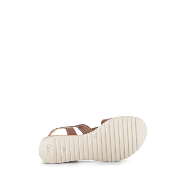 Gabor Rich Ladies Camel Leather Buckle Sandals with a chunky white sole and adjustable straps.