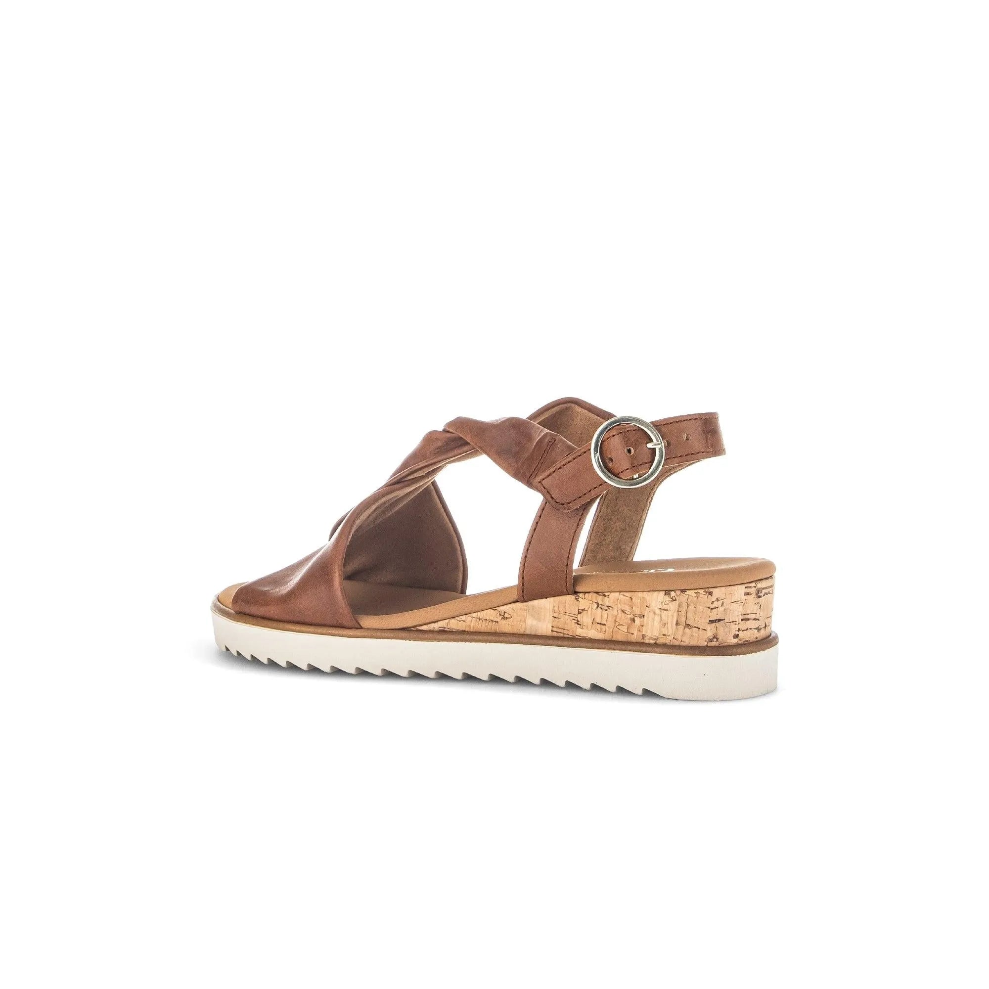 Gabor Rich Ladies Camel Leather Buckle Sandals with cork platform and white sole.