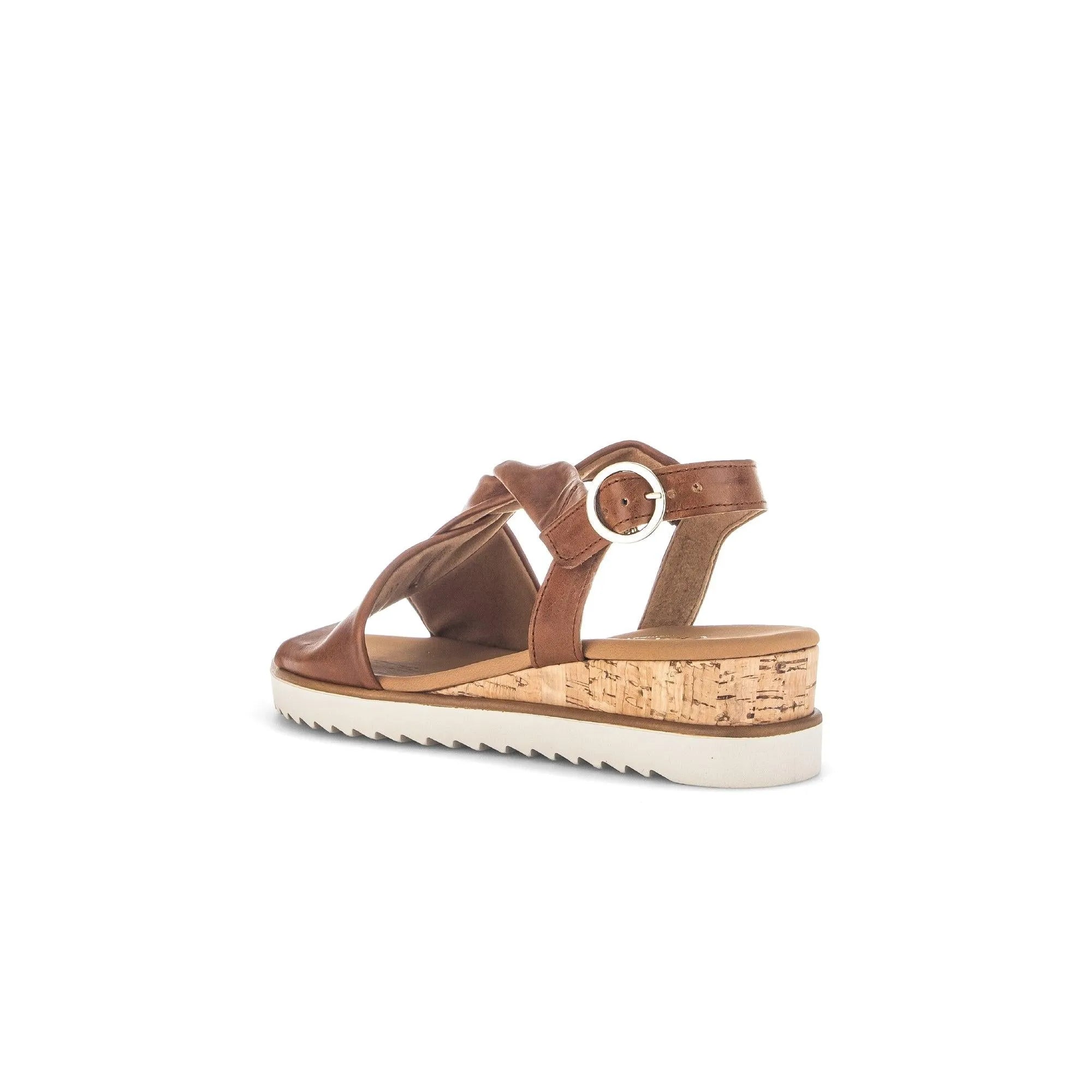 Gabor Rich Ladies Camel Leather Buckle Wedge Sandals with cork platform and white sole.