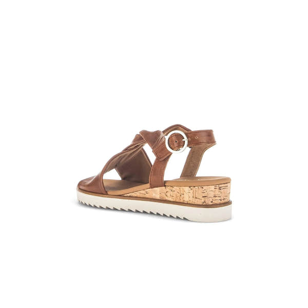 Gabor Rich Ladies Camel Leather Buckle Wedge Sandals with cork platform and white sole.